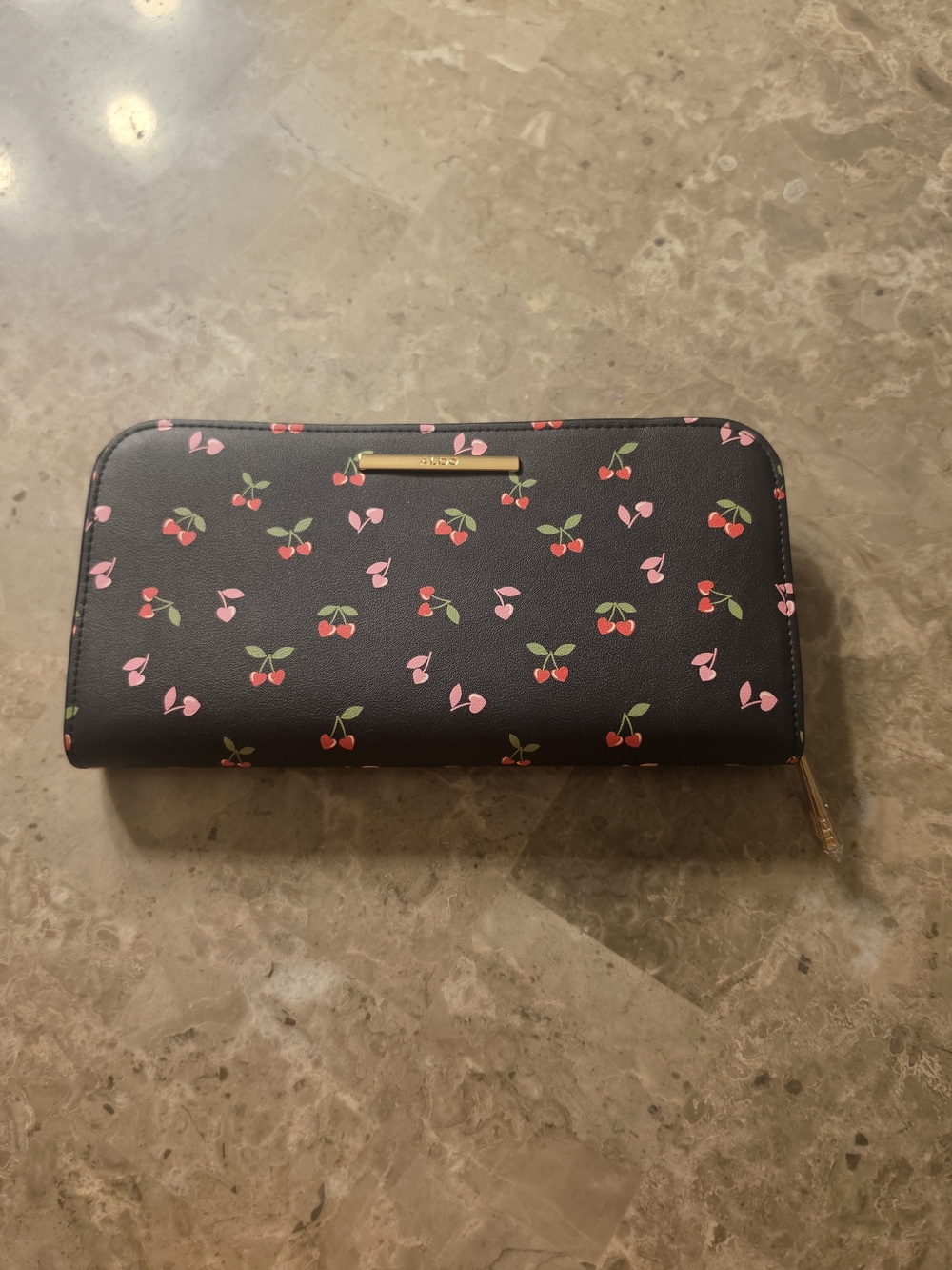 Aldo Black Cherry Print Zip-Around Wallet with Pink Accents NWOT